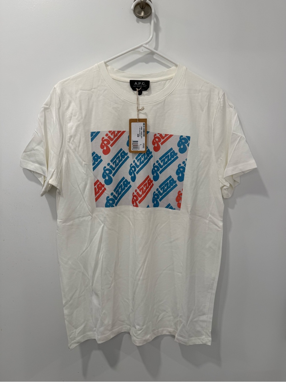 A.P.C. White Short-Sleeve Tee with Red and Blue Pizza Logo
